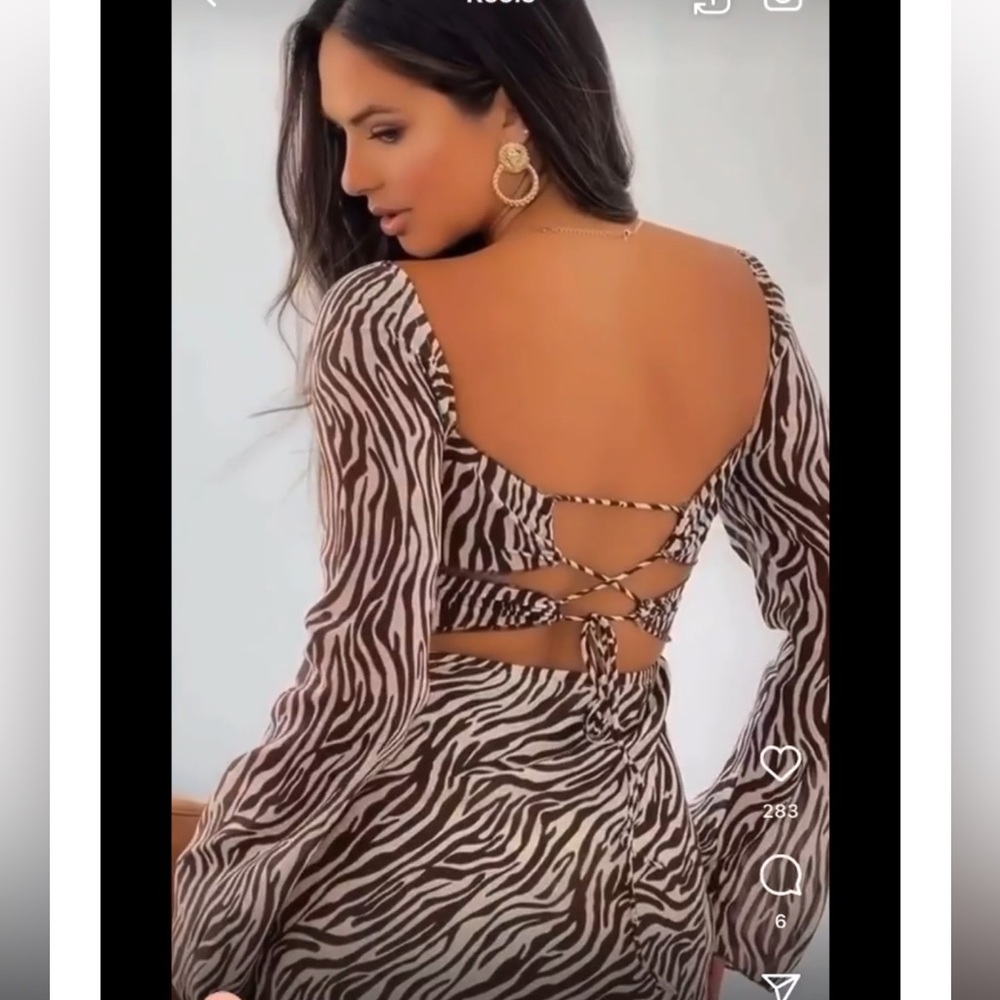 NWOT Miss Lola Brown & White Zebra Long Sleeve Open Tie Back Mini Dress